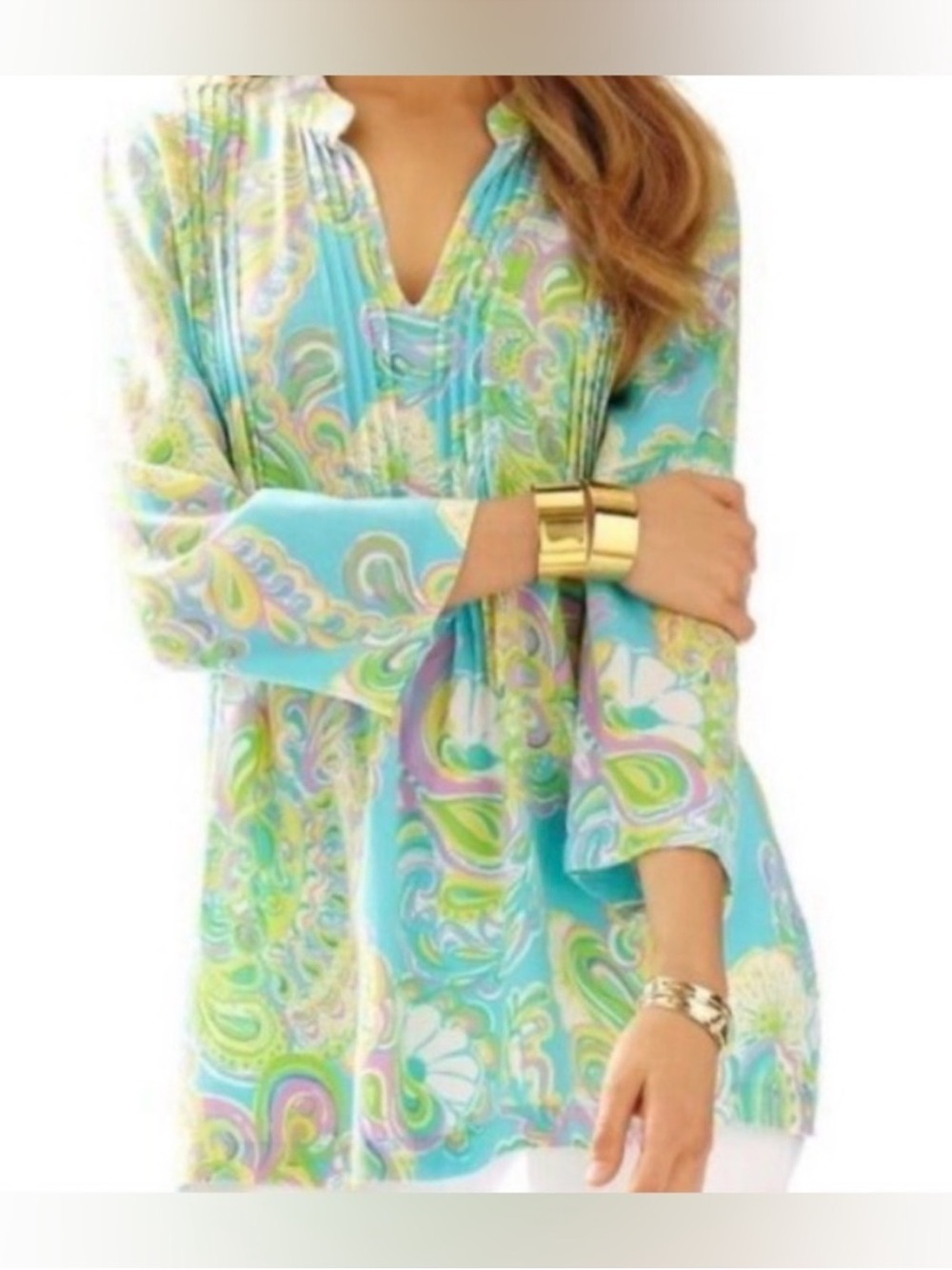 Lilly Pulitzer Turquoise Paisley Long-Sleeve V-Neck Tunic